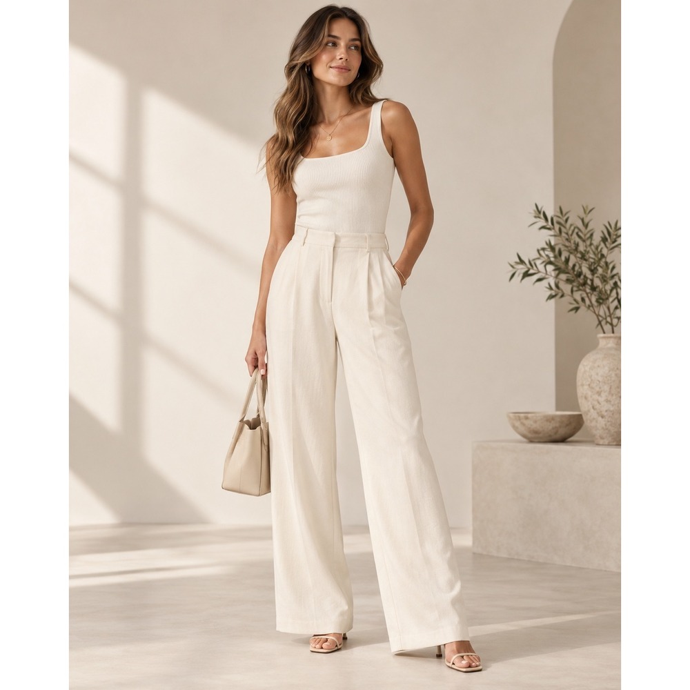 COS Beige Wide Leg Pleated High Waist Trousers Pants US 4 Neutral Minimalist